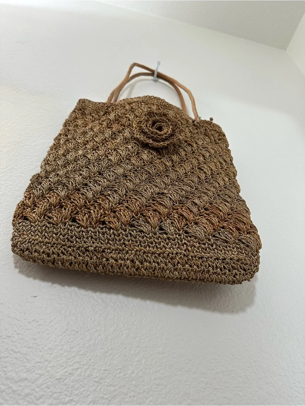Brown Beige Woven Straw Handmade Tote Bag with Flower Accent & Leather Strap - Picture 6 of 14